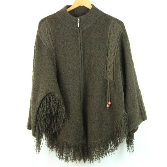 Unbranded Sweaters - Womens Zip Poncho Cardigan Brown Fringe Boho Woodland Fairy Grunge Lagenlook